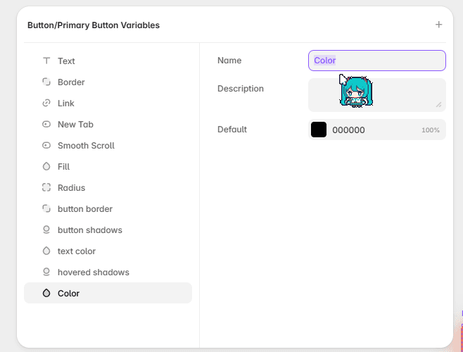 A component variables panel with text, border, fill, radius, and shadow properties